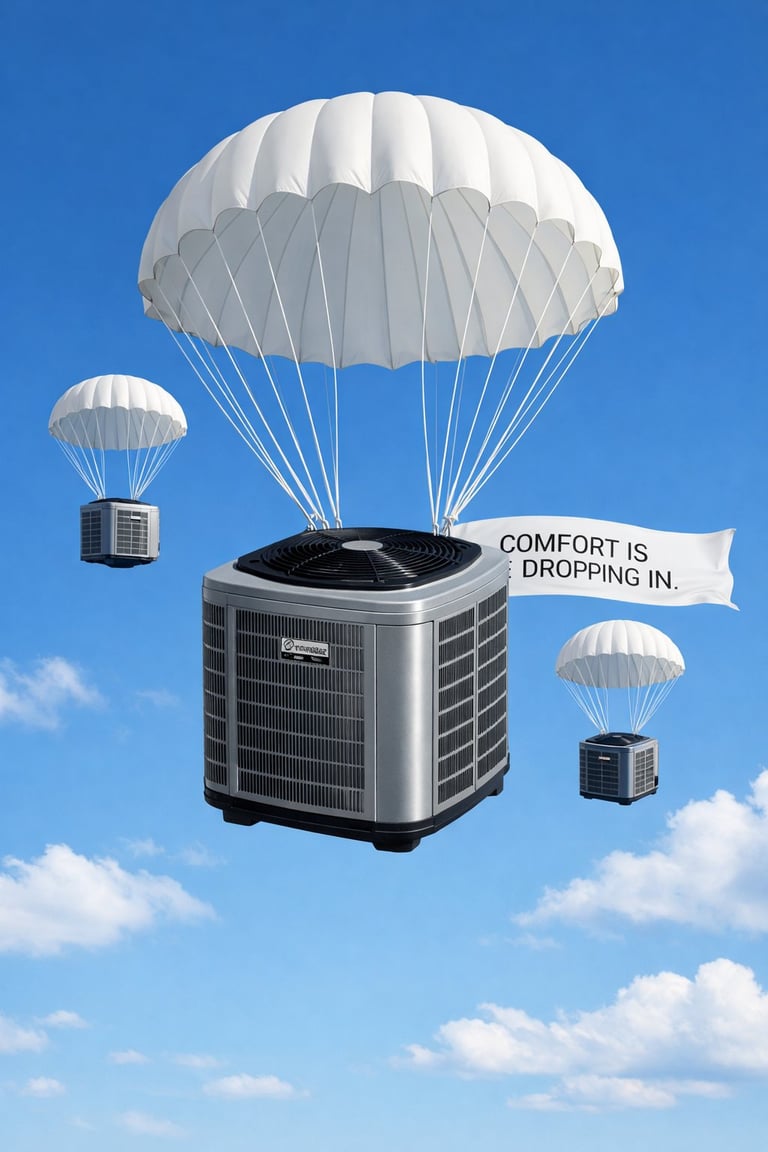 HVAC air conditioning unit descending by parachute against blue sky with text Comfort is dropping in
