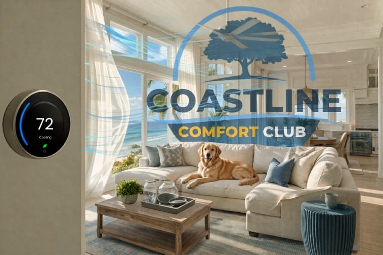 Bright living room with Coastline Comfort Club logo on window, modern thermostat at 72 degrees, beige sectional sofa with dog, wooden coffee table, and ocean view