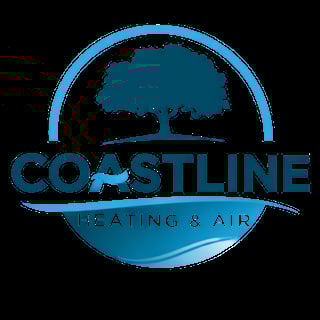 Coastline Heating and Air logo featuring a teal tree silhouette inside a circular design with company name below