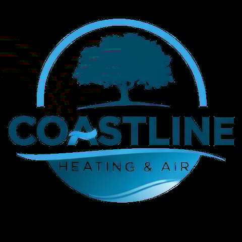 Coastline Heating and Air logo featuring a teal tree silhouette inside a circular design with company name below