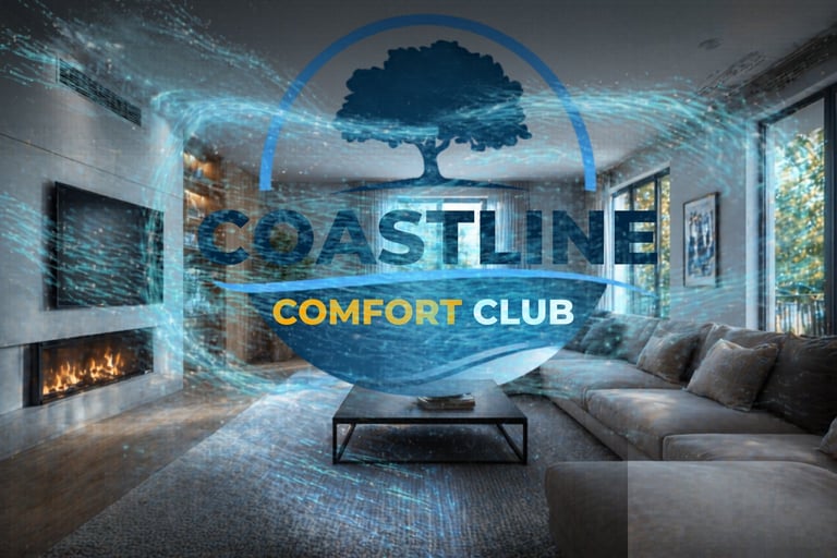 Coastline Comfort Club logo overlaid on a modern living room with fireplace, couch, and natural lighting