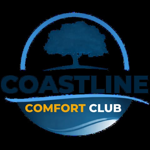 Coastline Comfort Club logo with tree and water wave design in blue and gold